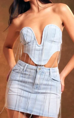 Light Blue Wash Diamante Trim Denim Bandeau Crop Top