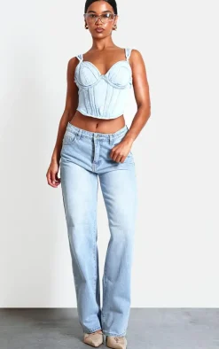 Light Blue Wash Dip Hem Bust Cup Denim Corset