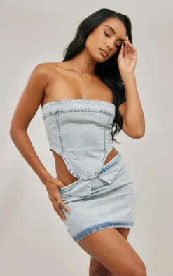 Light Blue Wash Dipped Hem Bandeau Denim Top