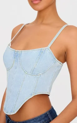 Light Blue Wash Dipped Hem Denim Corset