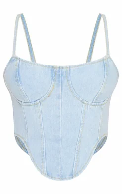 Light Blue Wash Dipped Hem Denim Corset