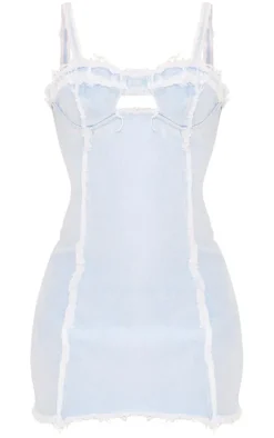 Light Blue Wash Distressed Edge Cup Detail Denim Mini Dress