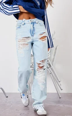 Light Blue Wash Distressed Straight Leg Jeans