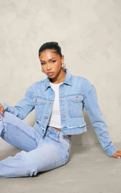 Light Blue Wash Distressed Flower Detail Denim Jacket