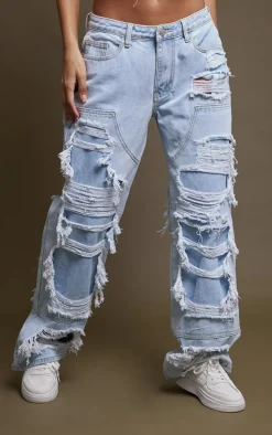 Light Blue Wash Extreme Distress Wide Leg Jeans