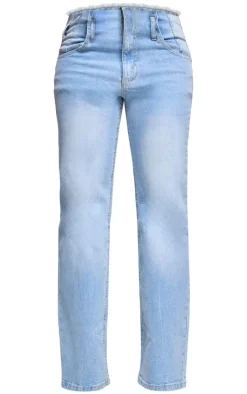 Light Blue Wash Frayed Hem Relaxed Fit Jeans