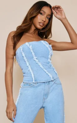 Light Blue Wash Frayed Seam Detail Denim Corset Top