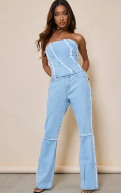 Light Blue Wash Frayed Seam Detail Denim Corset Top