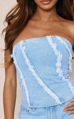 Light Blue Wash Frayed Seam Detail Denim Corset Top