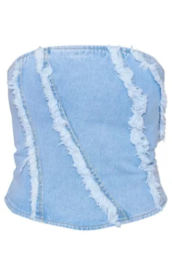 Light Blue Wash Frayed Seam Detail Denim Corset Top