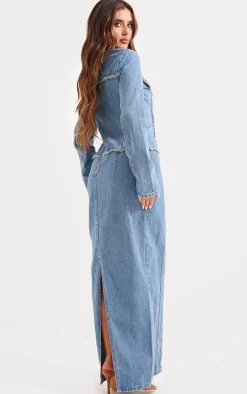 Light Blue Wash Freyed Pannel Detail Lace Up Maxi Denim Dress