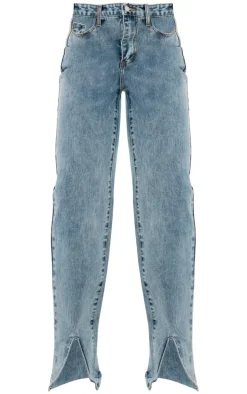 Light Blue Wash Front Split Long Leg Straight Jeans