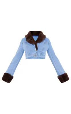 Light Blue Wash Fur Trim Cropped Denim Jacket