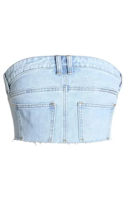 Light Blue Wash Jean Detail Cropped Bandeau Denim Top