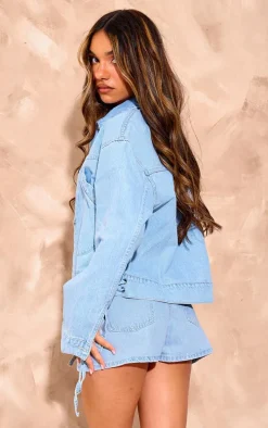 Light Blue Wash Lace Up Bow Detail Cropped Denim Jacket