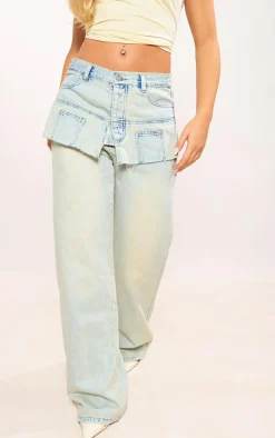 Light Blue Wash Layered Exposed Pocket Wide Leg Jeans