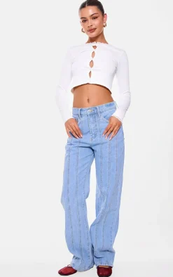 Light Blue Wash Panelled Seam Detail Straight Leg Jeans