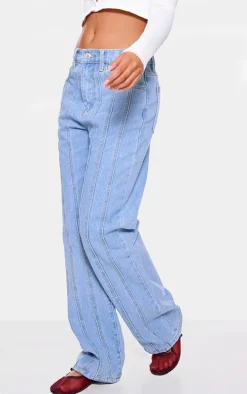 Light Blue Wash Panelled Seam Detail Straight Leg Jeans