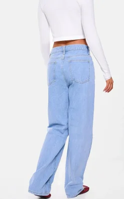 Light Blue Wash Panelled Seam Detail Straight Leg Jeans