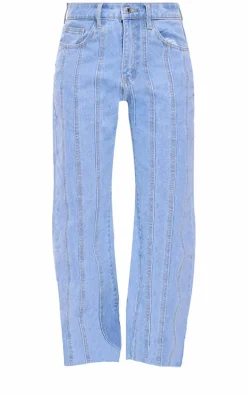 Light Blue Wash Panelled Seam Detail Straight Leg Jeans
