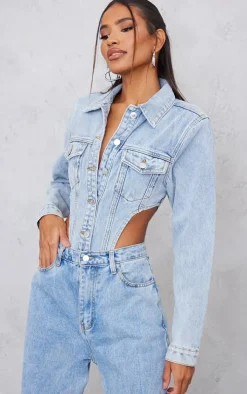 Light Blue Wash Pocket Front Denim Jacket High Side Bodysuit
