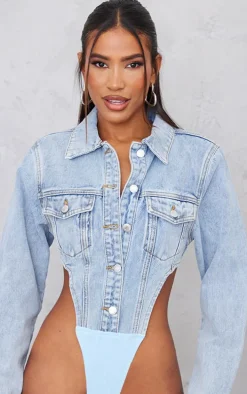 Light Blue Wash Pocket Front Denim Jacket High Side Bodysuit