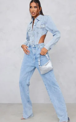 Light Blue Wash Pocket Front Denim Jacket High Side Bodysuit