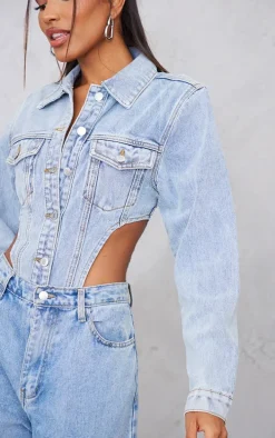 Light Blue Wash Pocket Front Denim Jacket High Side Bodysuit