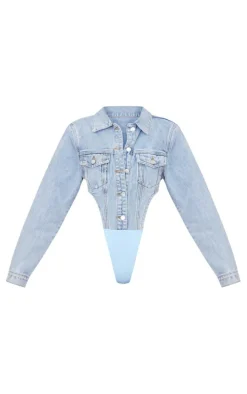 Light Blue Wash Pocket Front Denim Jacket High Side Bodysuit