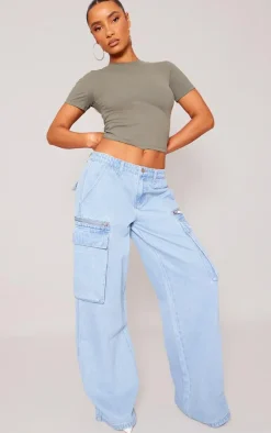 Light Blue Wash Pocket Zip Detail Wide Leg Jeans