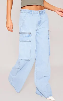 Light Blue Wash Pocket Zip Detail Wide Leg Jeans