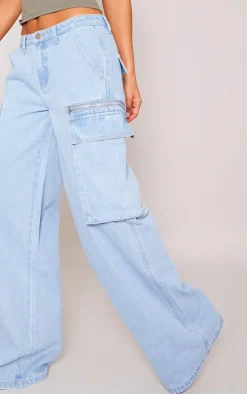 Light Blue Wash Pocket Zip Detail Wide Leg Jeans