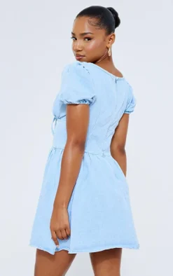 Light Blue Wash Puff Sleeve Fitted Waist Denim Dress