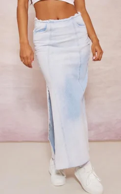 Light Blue Wash Raw Edge Side Split Denim Maxi Skirt