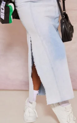 Light Blue Wash Raw Edge Side Split Denim Maxi Skirt