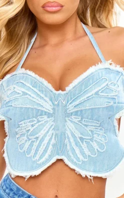 Light Blue Wash Raw Hem Butterfly Crop Top