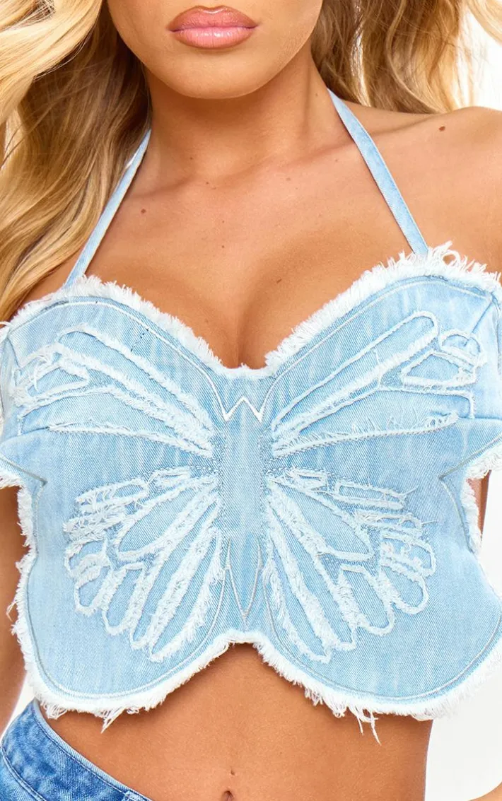 Light Blue Wash Raw Hem Butterfly Crop Top