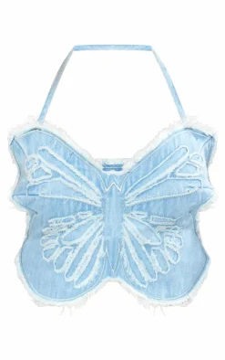 Light Blue Wash Raw Hem Butterfly Crop Top