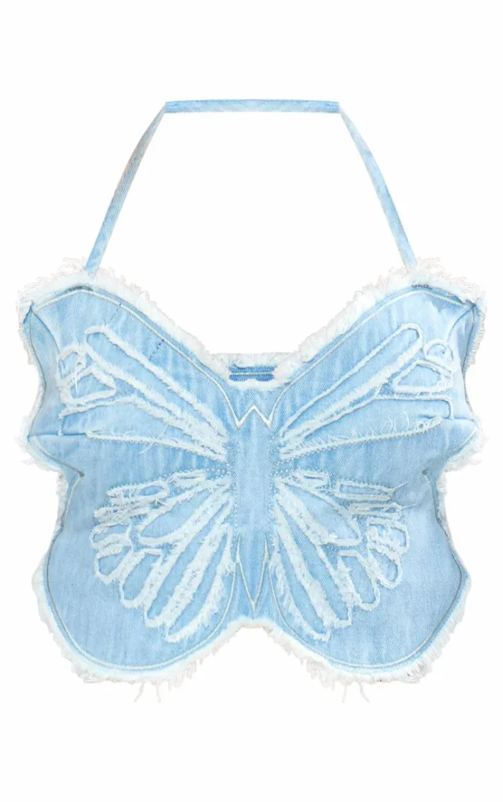 Light Blue Wash Raw Hem Butterfly Crop Top