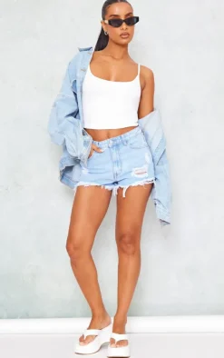 Light Blue Wash Ripped Denim Shorts