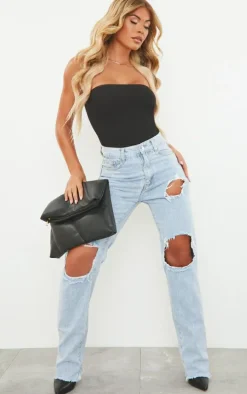Light Blue Wash Ripped High Waist Straight Leg Jeans
