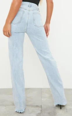 Light Blue Wash Ripped High Waist Straight Leg Jeans