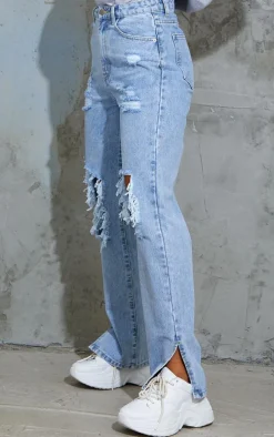Light Blue Wash Ripped Open Knee Split Hem Jeans