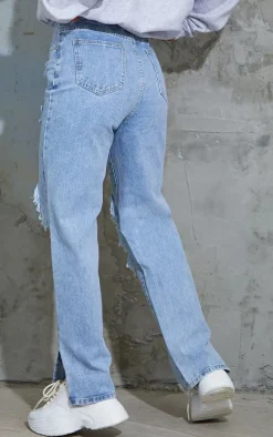 Light Blue Wash Ripped Open Knee Split Hem Jeans