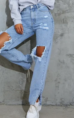 Light Blue Wash Ripped Open Knee Split Hem Jeans