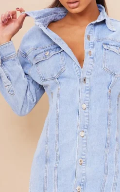 Light Blue Wash Seam Detail Long Sleeve Denim Dress