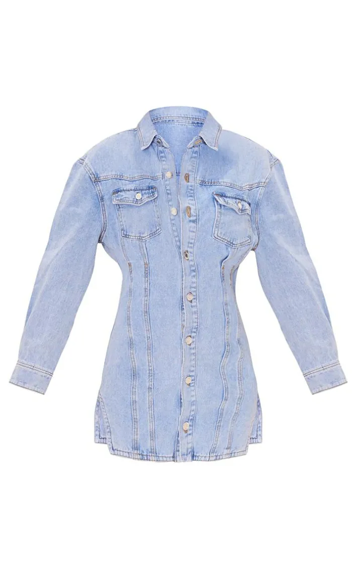 Light Blue Wash Seam Detail Long Sleeve Denim Dress