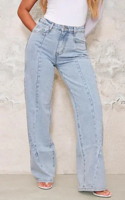 Light Blue Wash Seam Detail Slim Wide Leg Jeans