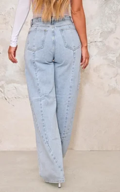 Light Blue Wash Seam Detail Slim Wide Leg Jeans
