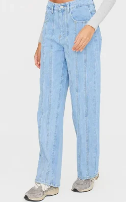 Light Blue Wash Seam Detail Straight Leg Jean